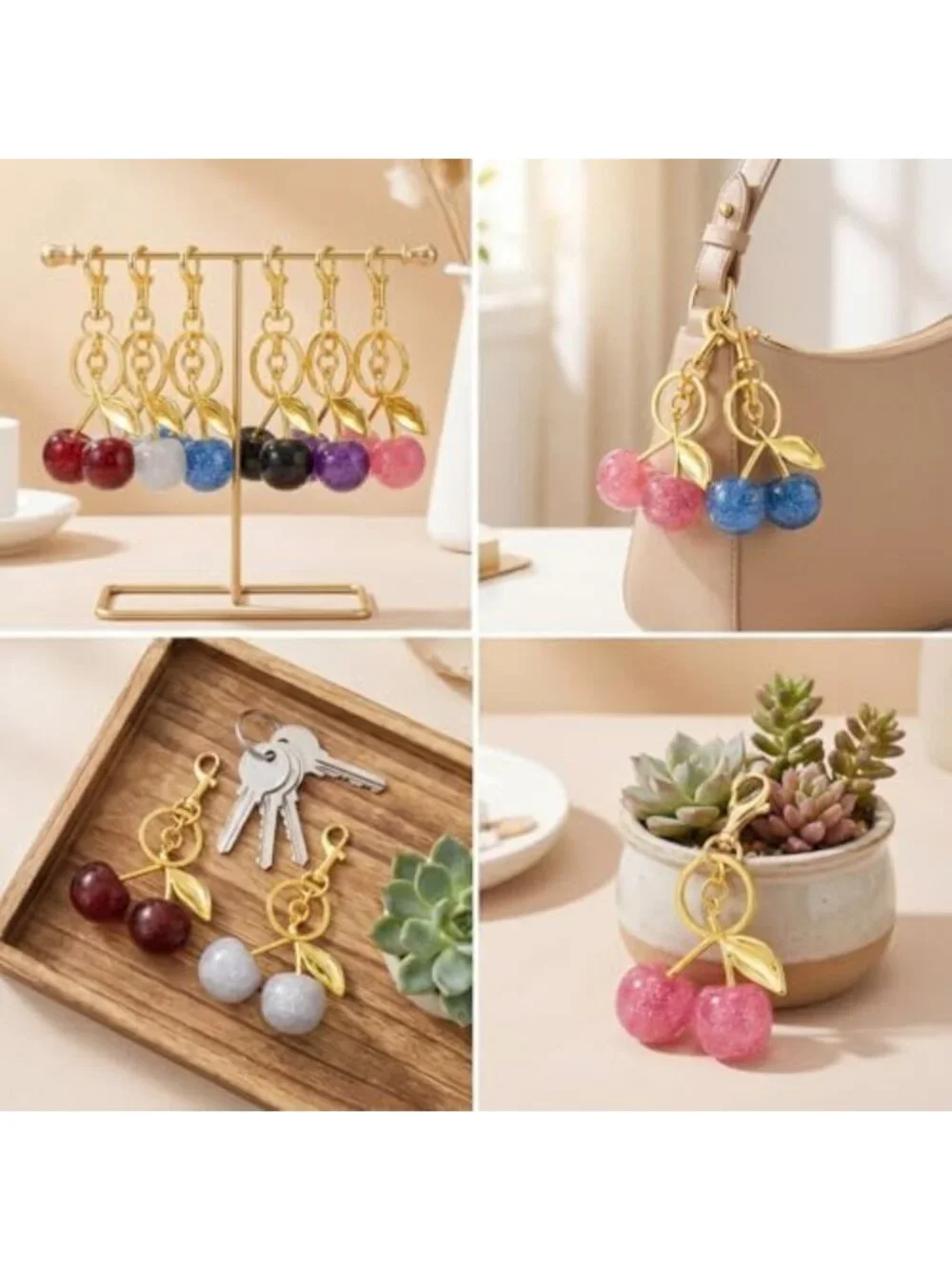 Charming Glitter Cherry Keychain Set - Bling Gold & Silver Handbag Accessories